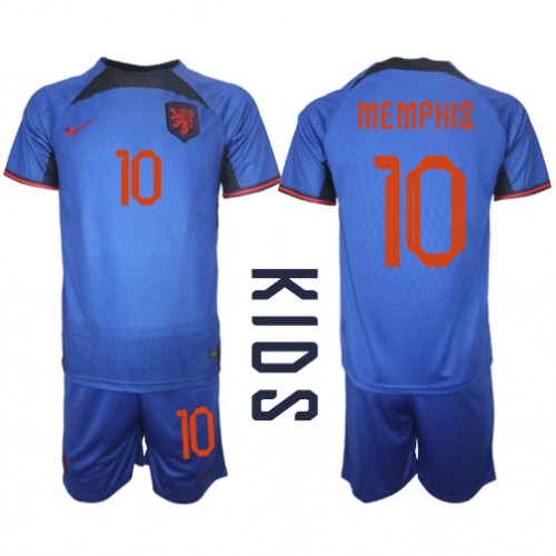 Fotballdrakt Barn Nederland Memphis Depay #10 Bortedraktsett VM 2022 Kortermet (+ Korte bukser)